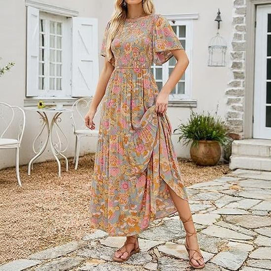 ⏰Oferta especial: 49 % de descuento👗Vestido largo y vaporoso de mujer, de estilo informal, con estampado floral, mangas acampanadas, fruncido y cintura alta