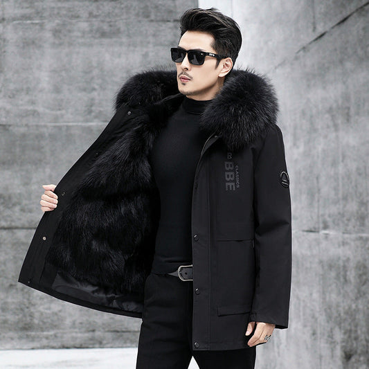 Genuine luxury-Men's Real Fur Fox Fur Lining Nike Mid-Length Hooded Fur One Coat