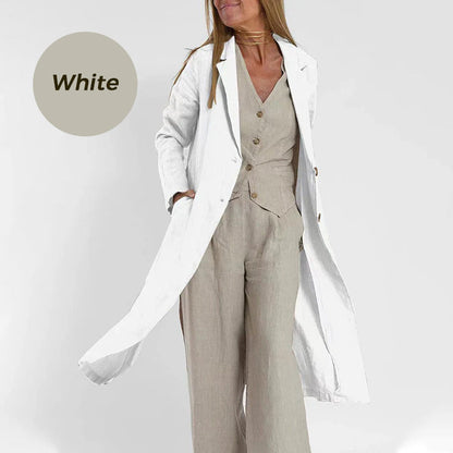 Women's Cotton Linen Mid-Length Coat with Split Hem