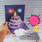Tarjeta de cumpleaños con fuegos artificiales, tarta emergente y música