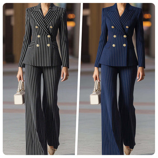 👗✨ Traje de Pico Doble a Rayas para Mujer – Elegante y Formal para Ocasiones Especiales, Estilo Sofisticado y Moderno 🌟💼
