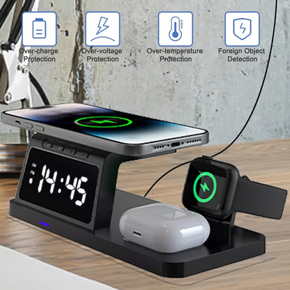 Stazione di ricarica wireless 4 in 1 con ricarica rapida e orologio