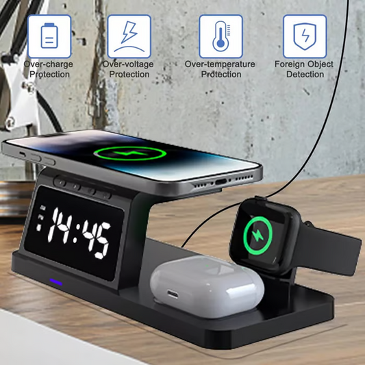 Stazione di ricarica wireless 4 in 1 con ricarica rapida e orologio