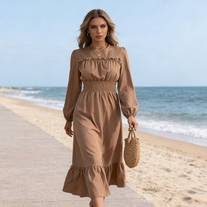👗¡Nueva llegada 40% de descuento! 🥰Vestido largo de manga larga con volantes y volantes para mujer