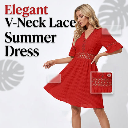 Vestido elegante con cuello en V con corte de encaje Detalles