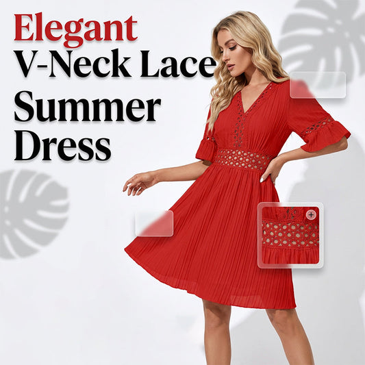Vestido elegante con cuello en V con corte de encaje Detalles