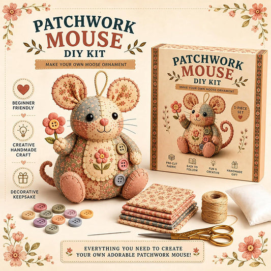 Kit de costura artesanal con un ratoncito de peluche de estilo vintage