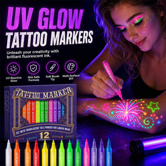 50 % DE DESCUENTO⚡MÁS DE 50 000 EJEMPLARES VENDIDOS💕Rotuladores fosforescentes para tatuajes: ¡son seguros, se borran al lavarlos y brillan bajo la luz negra! ✨🇬🇧 | Perfectos para Glastonbury, cumpleaños y mucho más