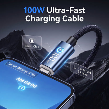 ¡Carga cualquier dispositivo al instante! Cable trenzado de 100 W con protección contra sobrecarga.